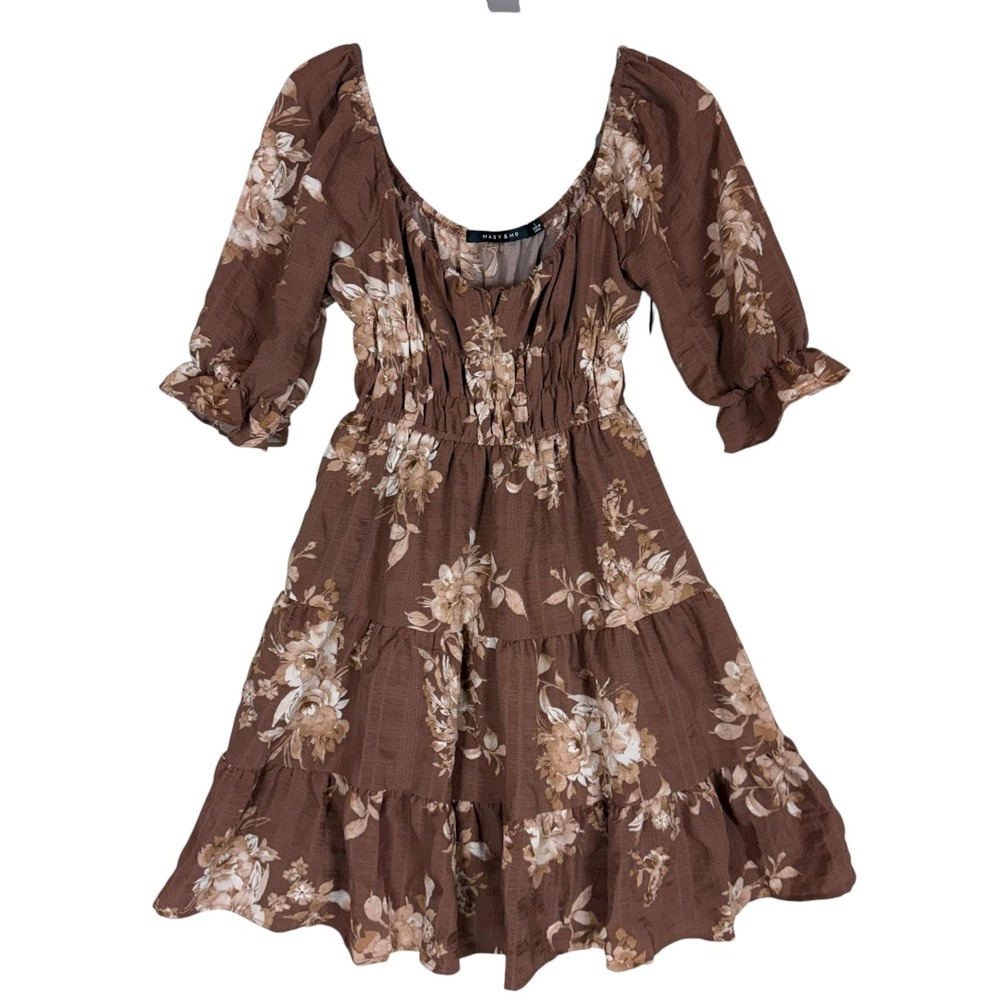 Mary & Mo Dress Womens S Brown Floral Scoop Neck Puff Sleeve Boho Tiered Ruffle